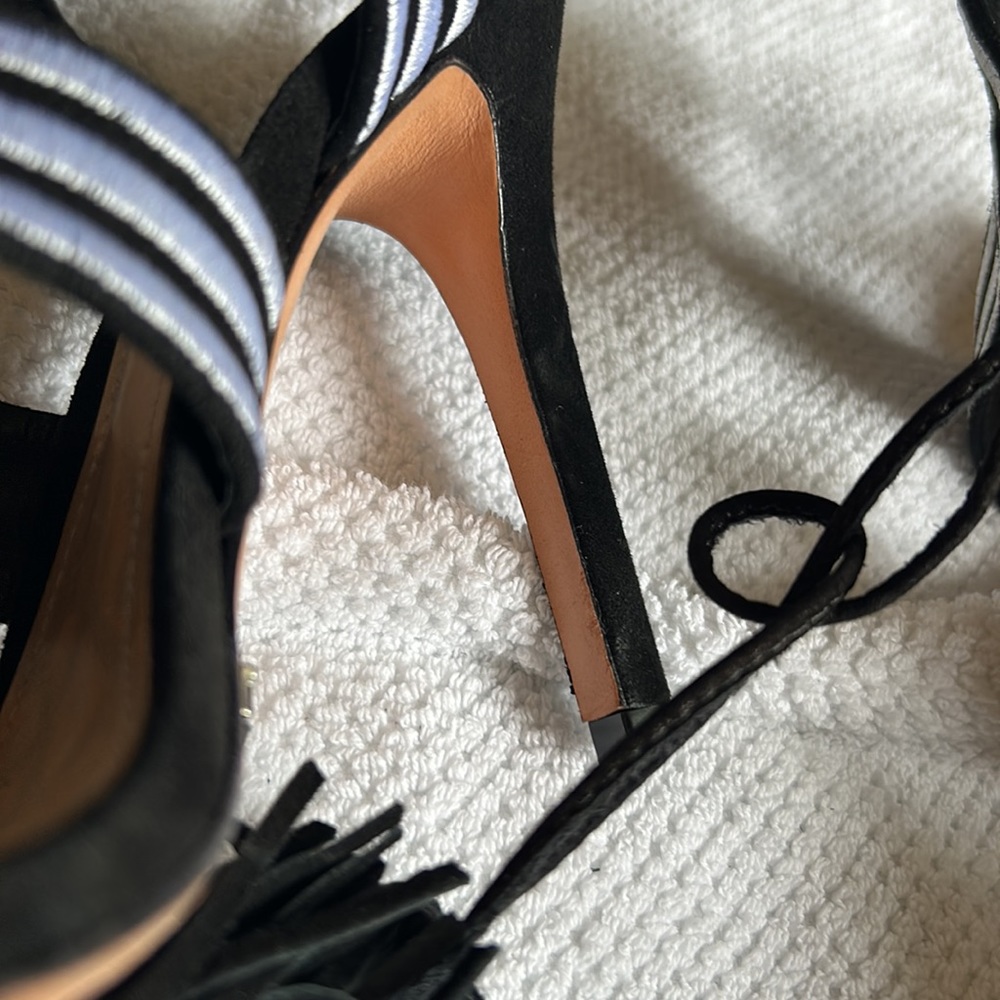 Black Suede Lace up Schutz Heels w/ Pink, White, & Fringe Detail (Size 8.5) - Picture 10 of 12